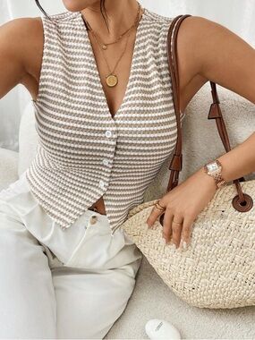 Striped Knit Button-Front Tank Top in Beige & White